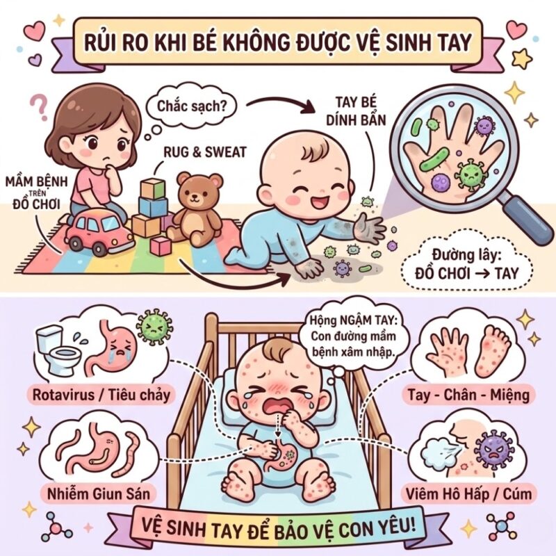 Vệ sinh tay cho bé sau khi chơi đồ chơi